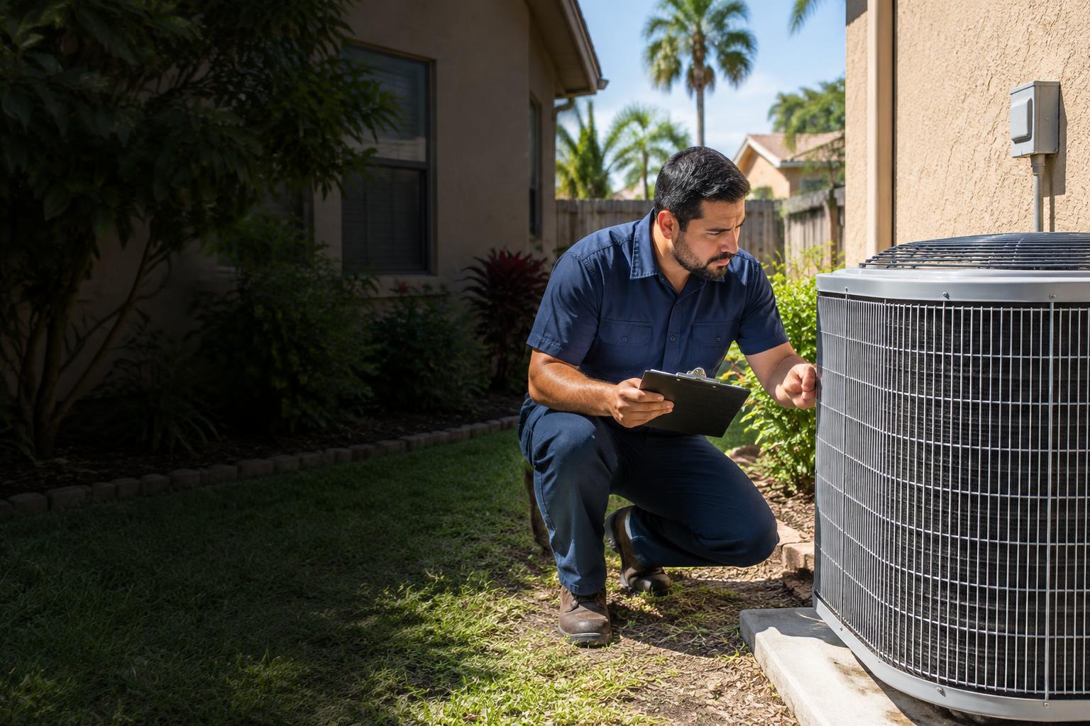 Technician inspecting an outdoor air conditioning unit